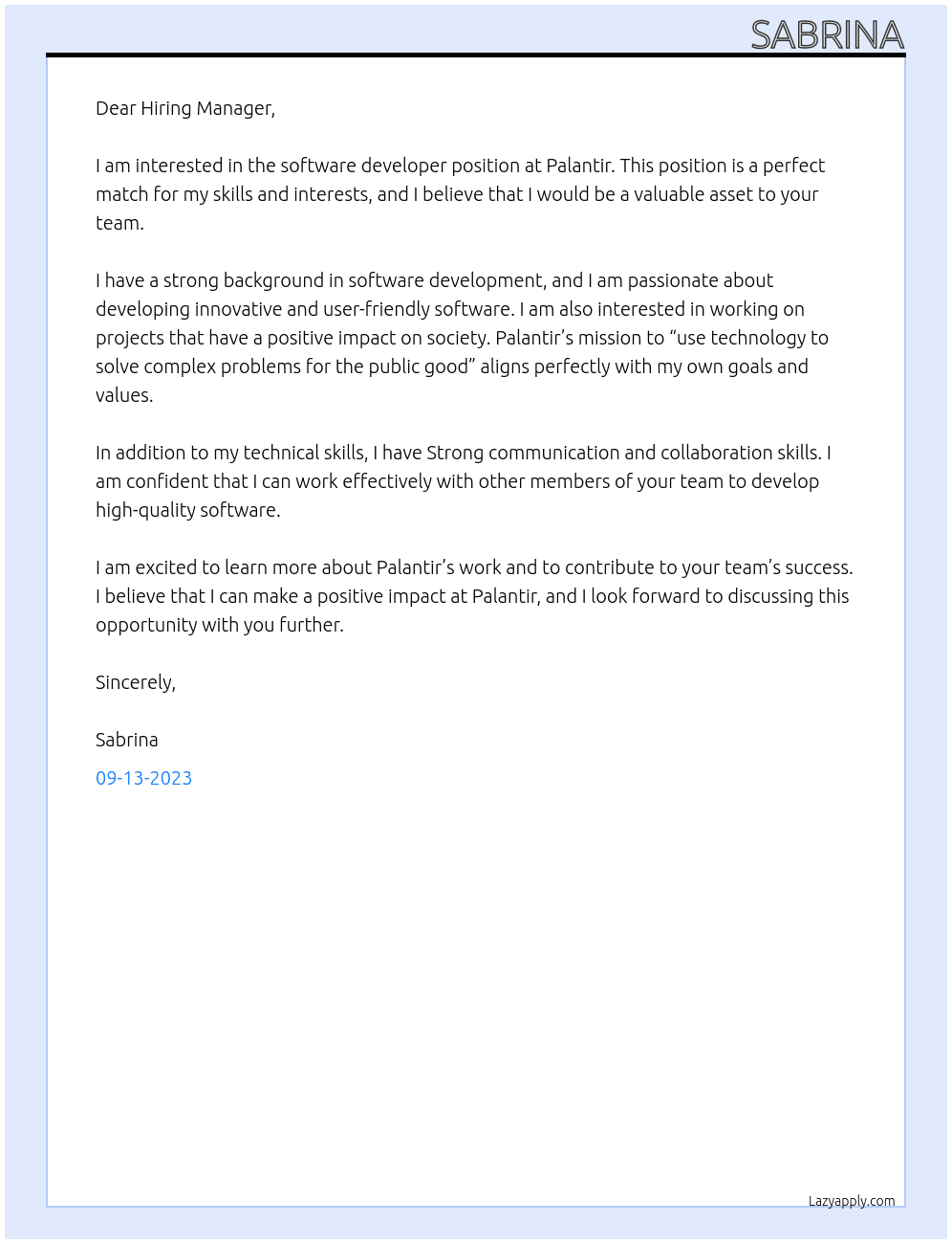 software developer At Palantir Cover Letter