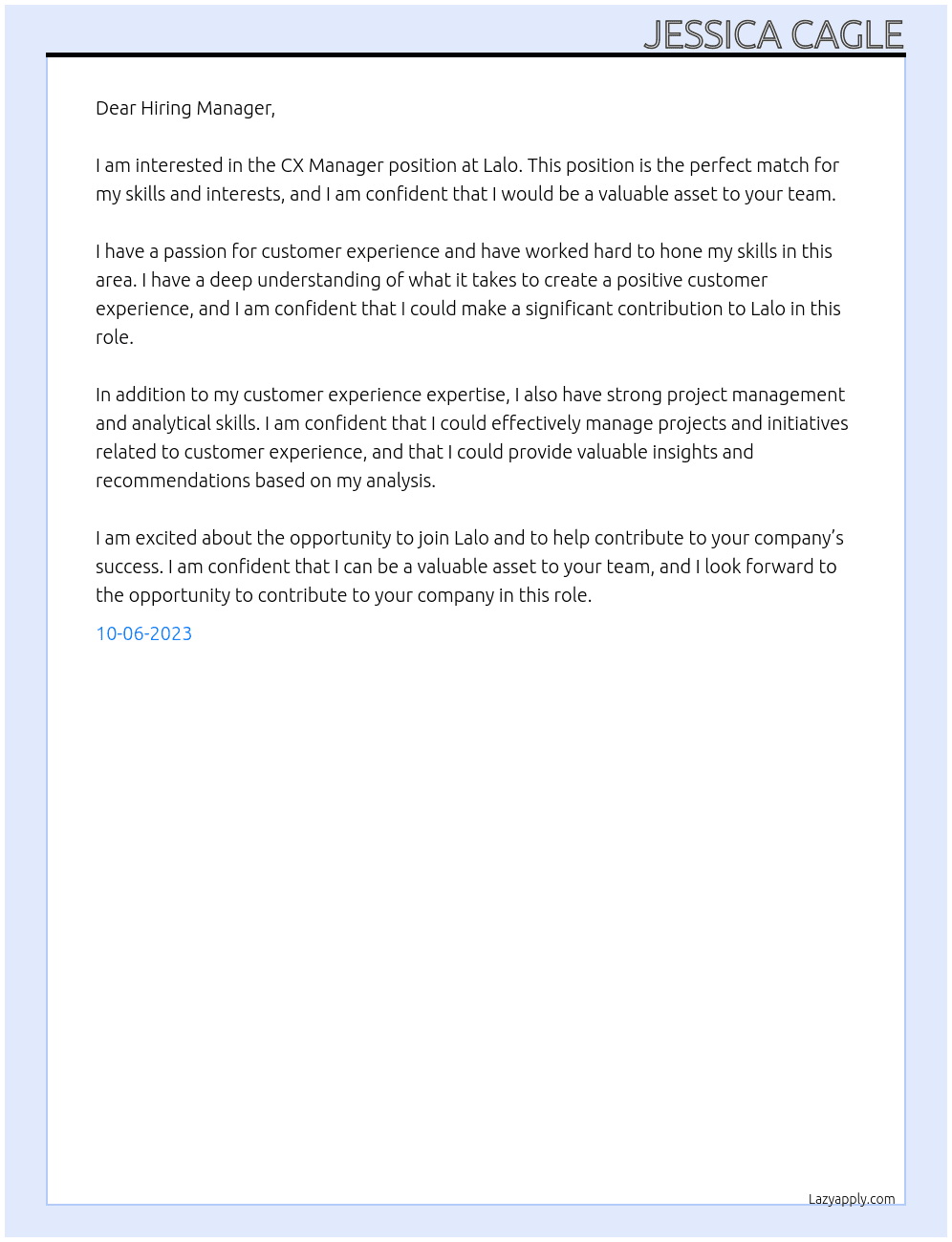 CX, Manager At Lalo Cover Letter
