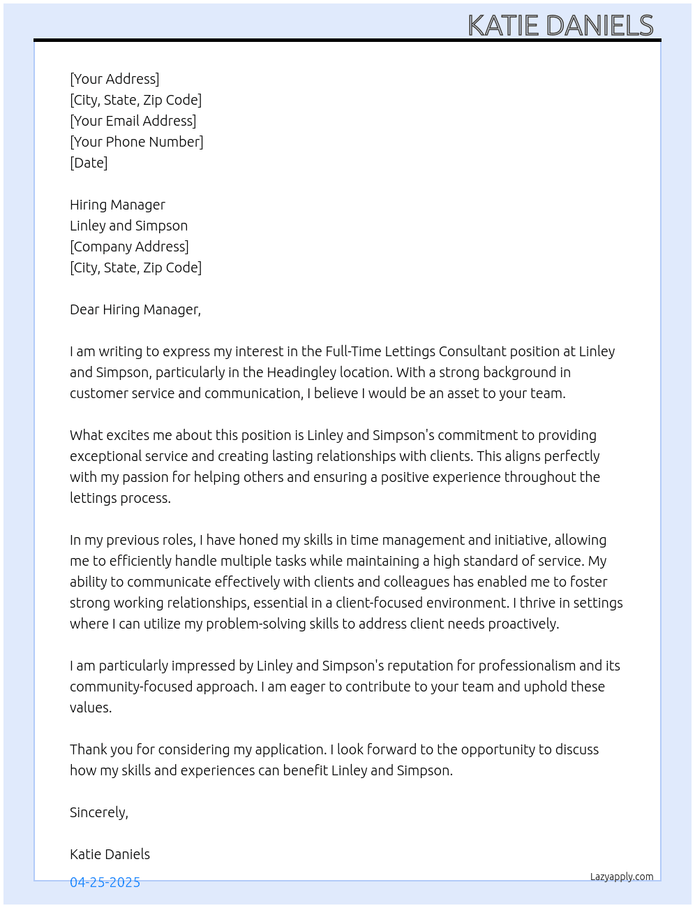 Lettings Consultant At Linley and Simpson Cover Letter