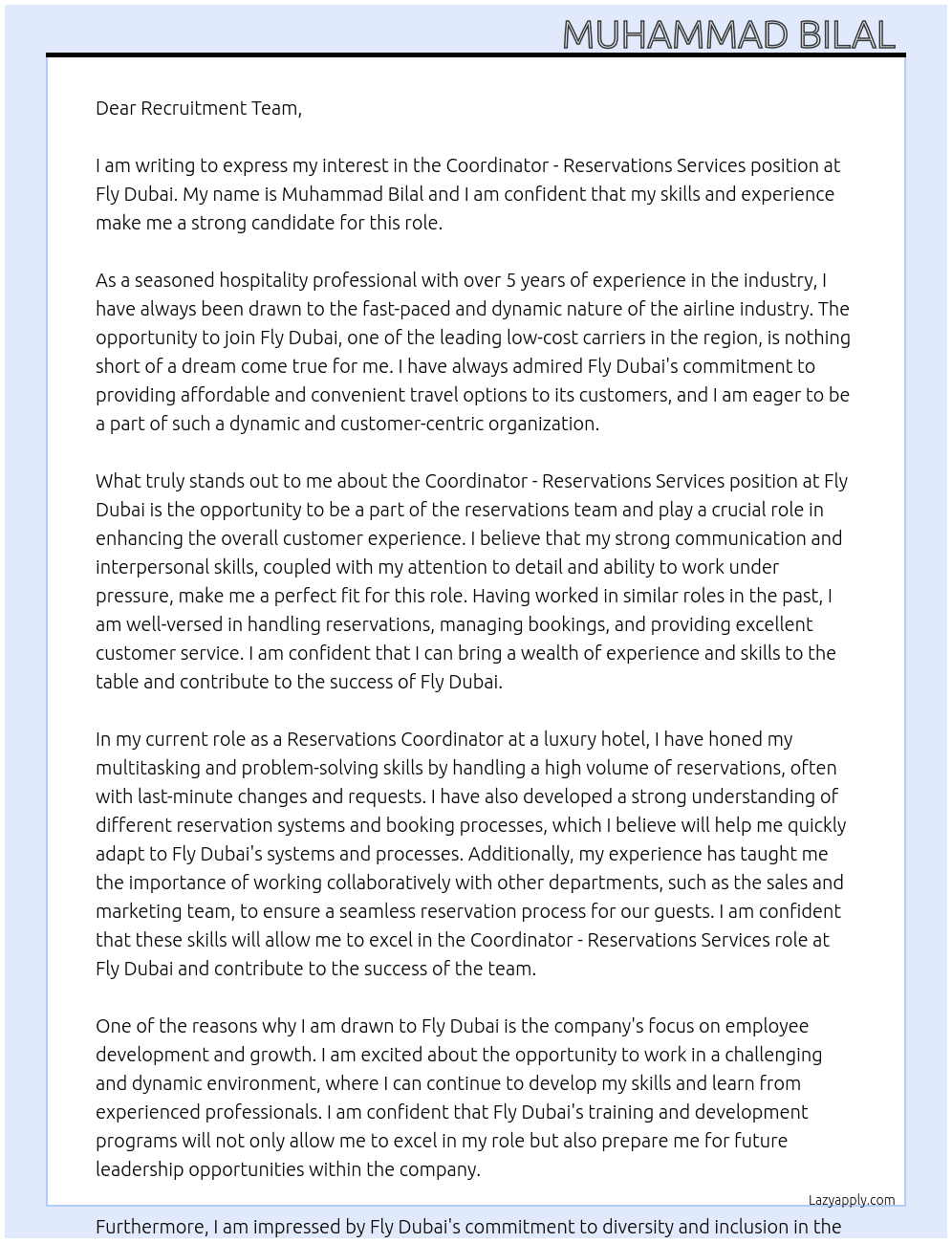 Coordinator - Reservations Services At Fly Dubai  Cover Letter