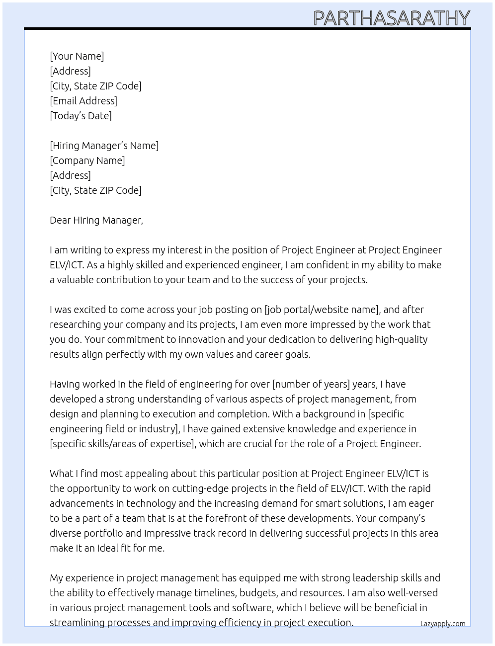 Project Engineer At Project Engineer ELV/ICT Cover Letter