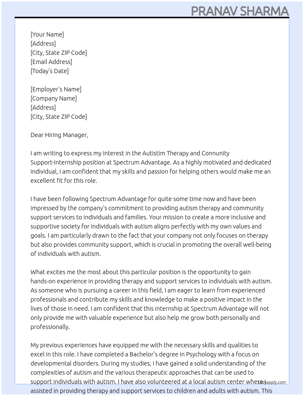 Autistim Therapy and Connunity Support-Internship  At Spectrum Advantage  Cover Letter