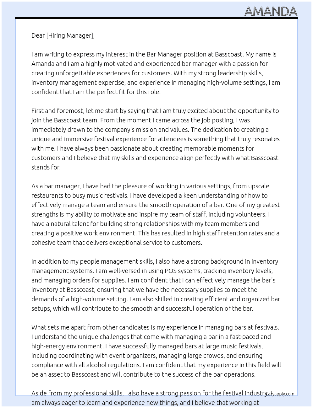 Bar Manager At Basscoast Cover Letter