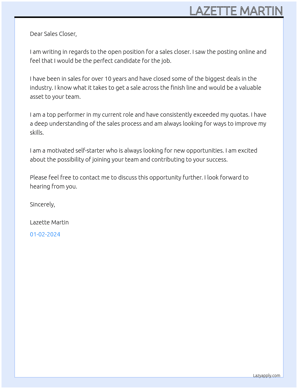SALES At sales closer Cover Letter