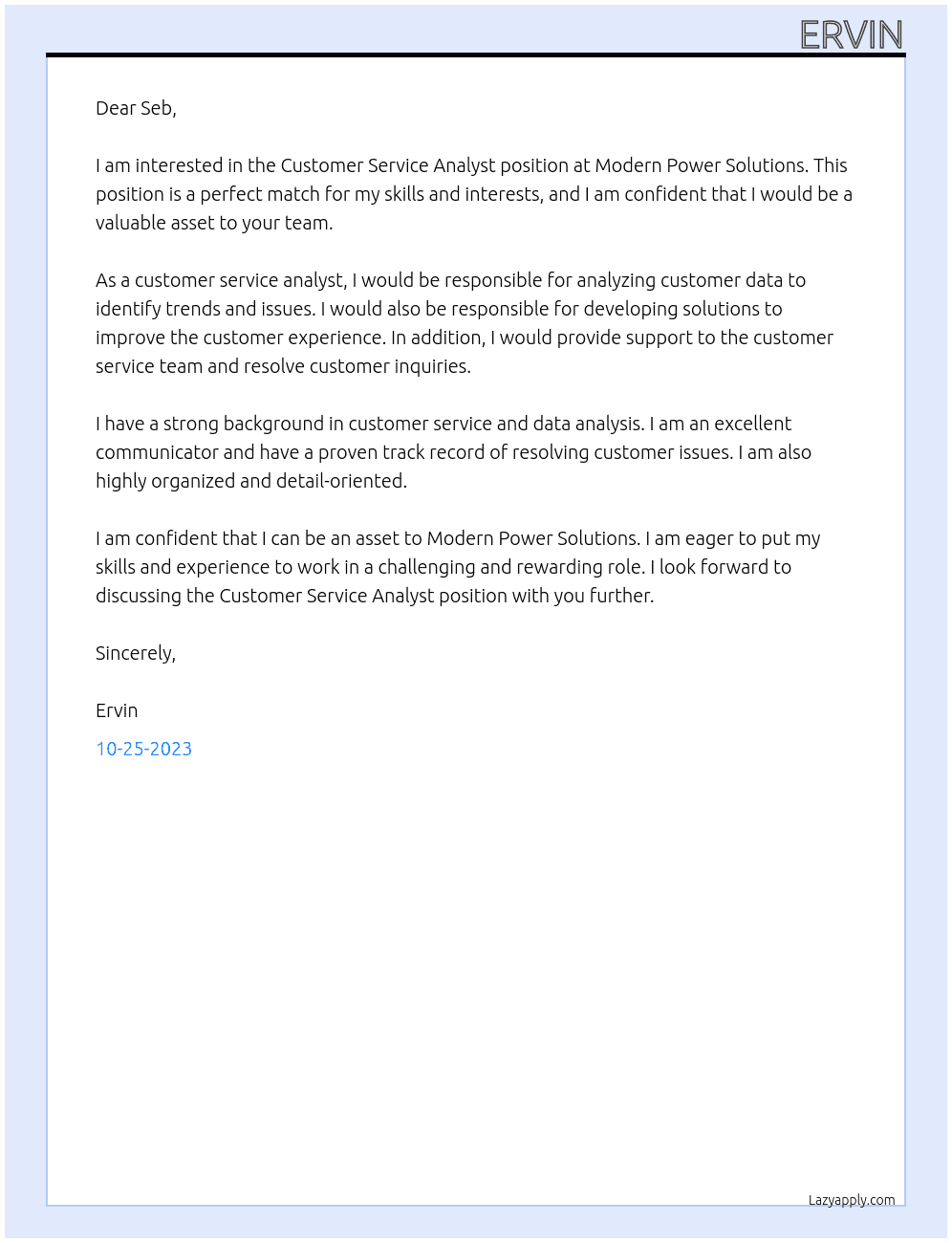 Customer Service Analyst  At Modern Power Solutions Cover Letter