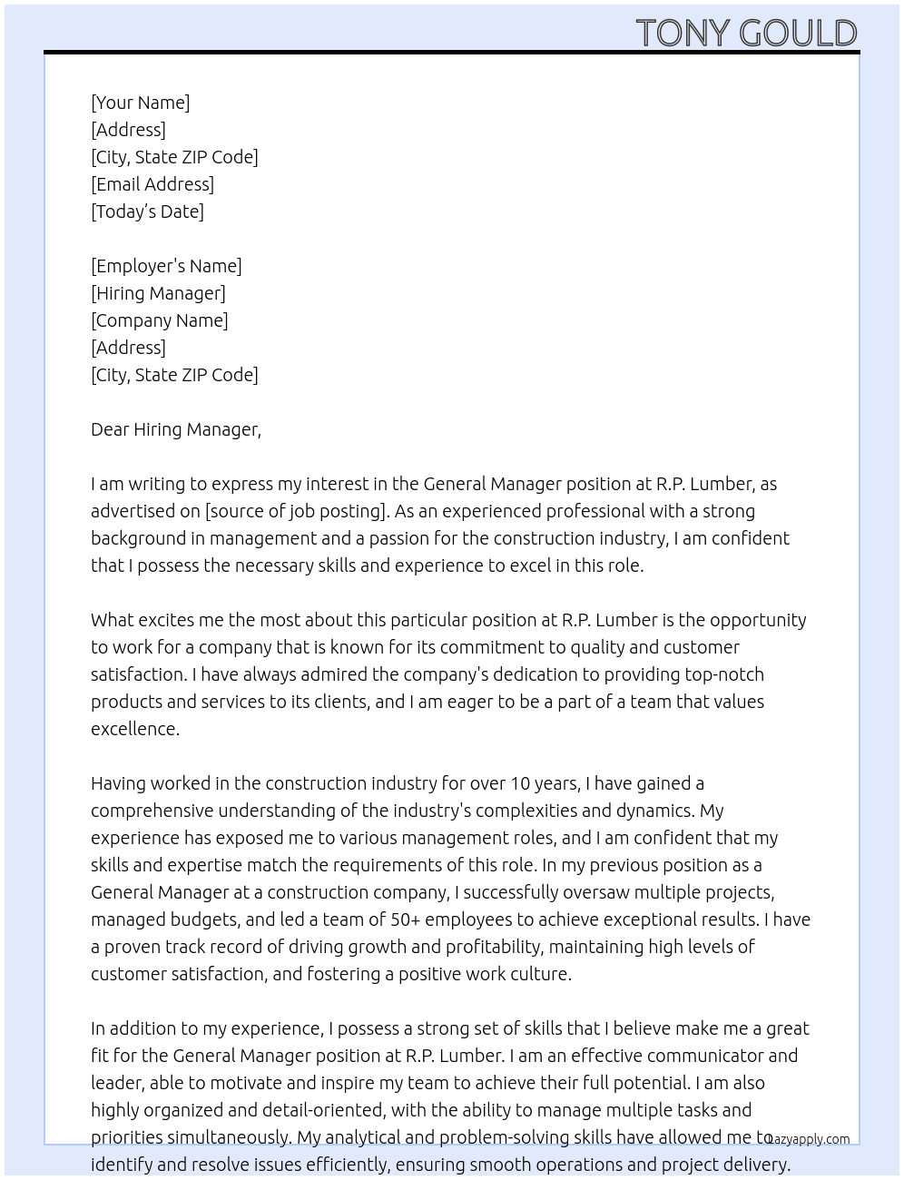 General Manager At R.P. Lumber Cover Letter