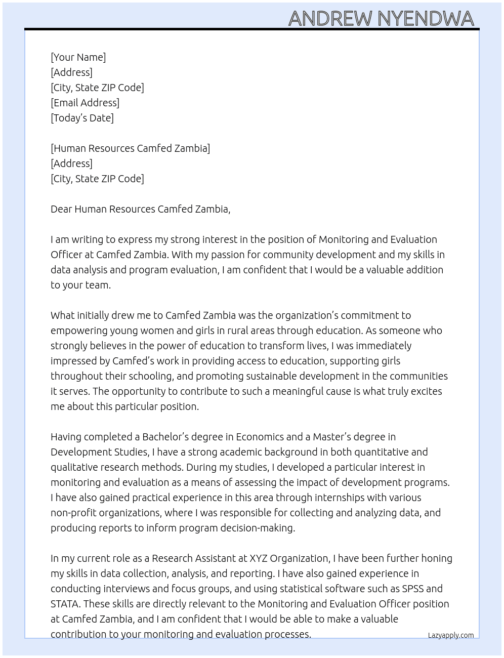 Monitoring and Evaluation officer  At Camfed Zambia  Cover Letter