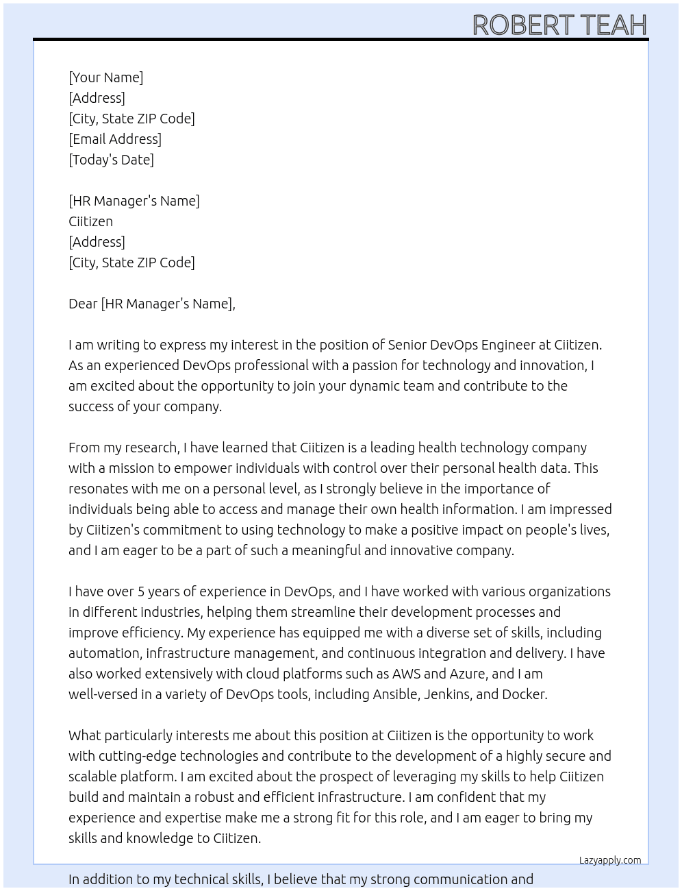 Senior DevOps Engineer At Ciitizen Cover Letter