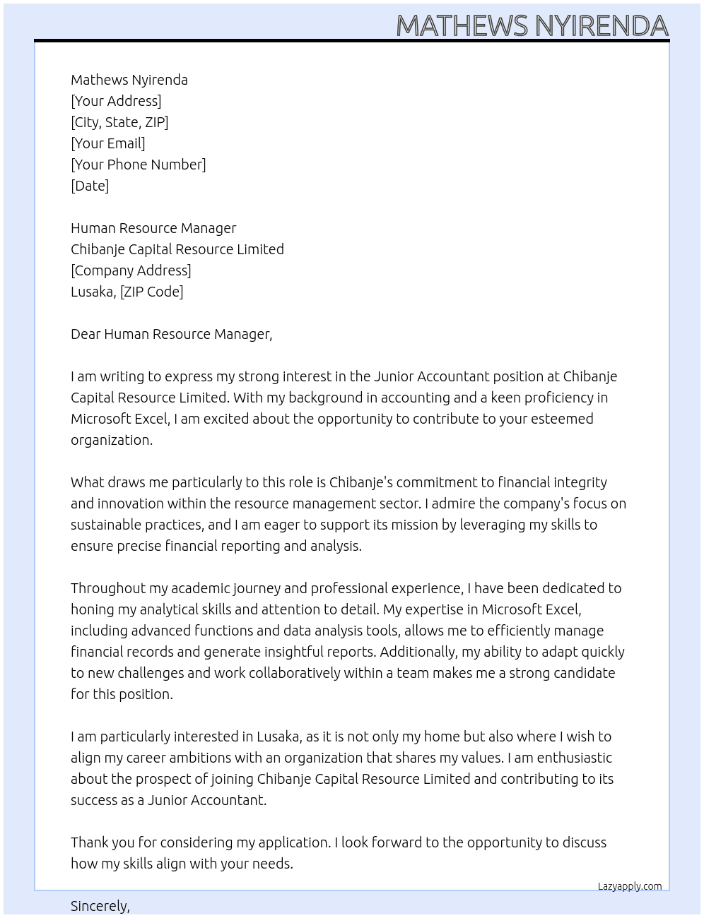 Junior Accountant   At Chibanje Capital Resource Limited Cover Letter