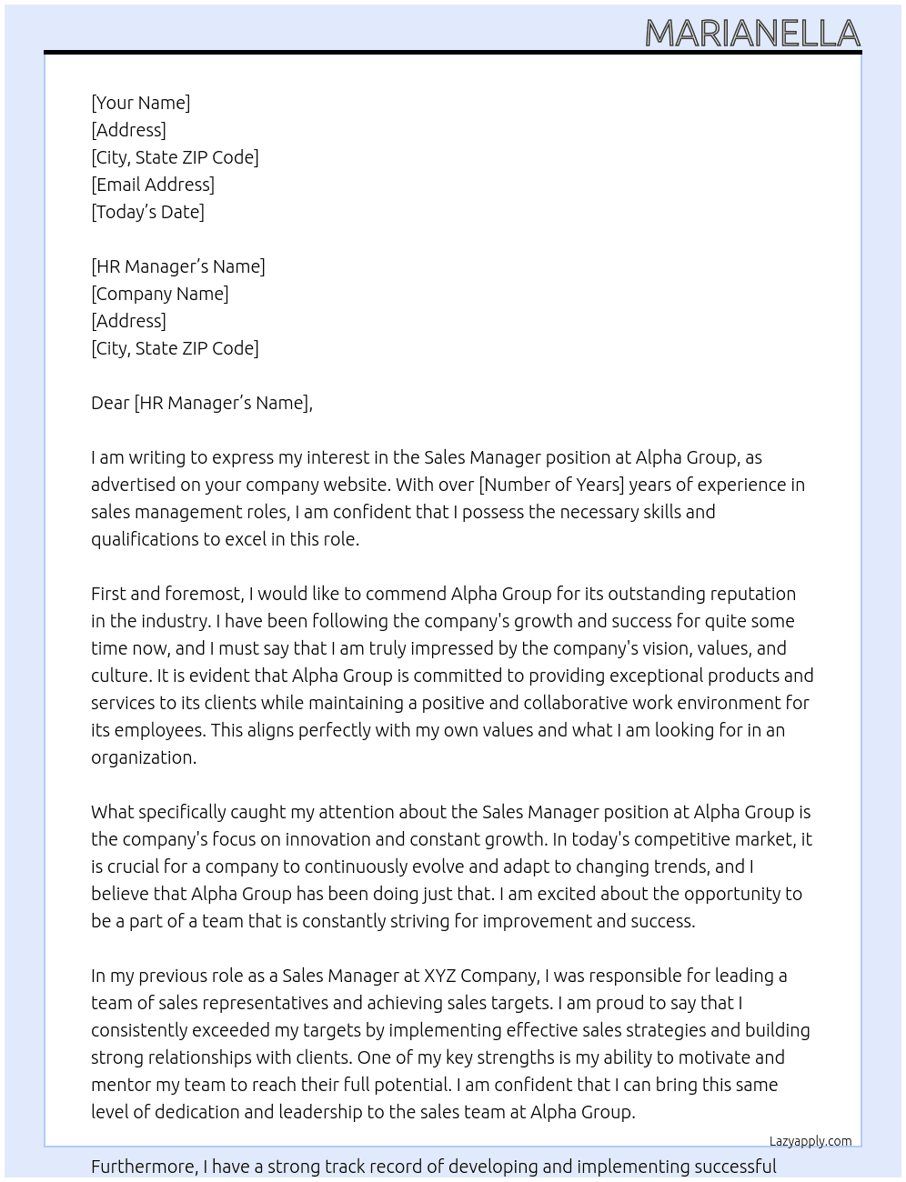 Sales Manager At Alpha Group Cover Letter