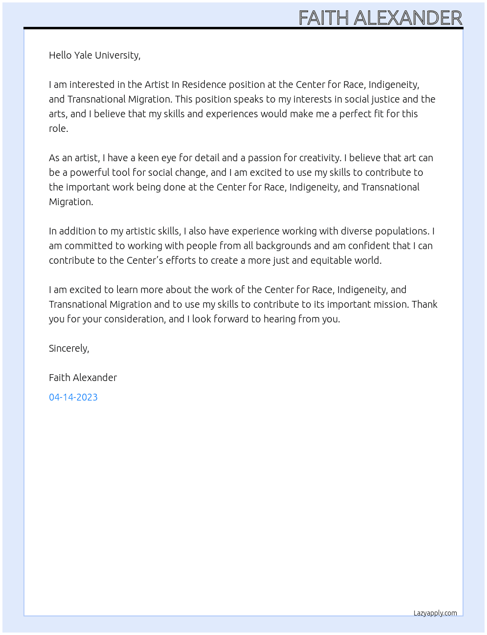 Artist In Residence  At Yale University Cover Letter