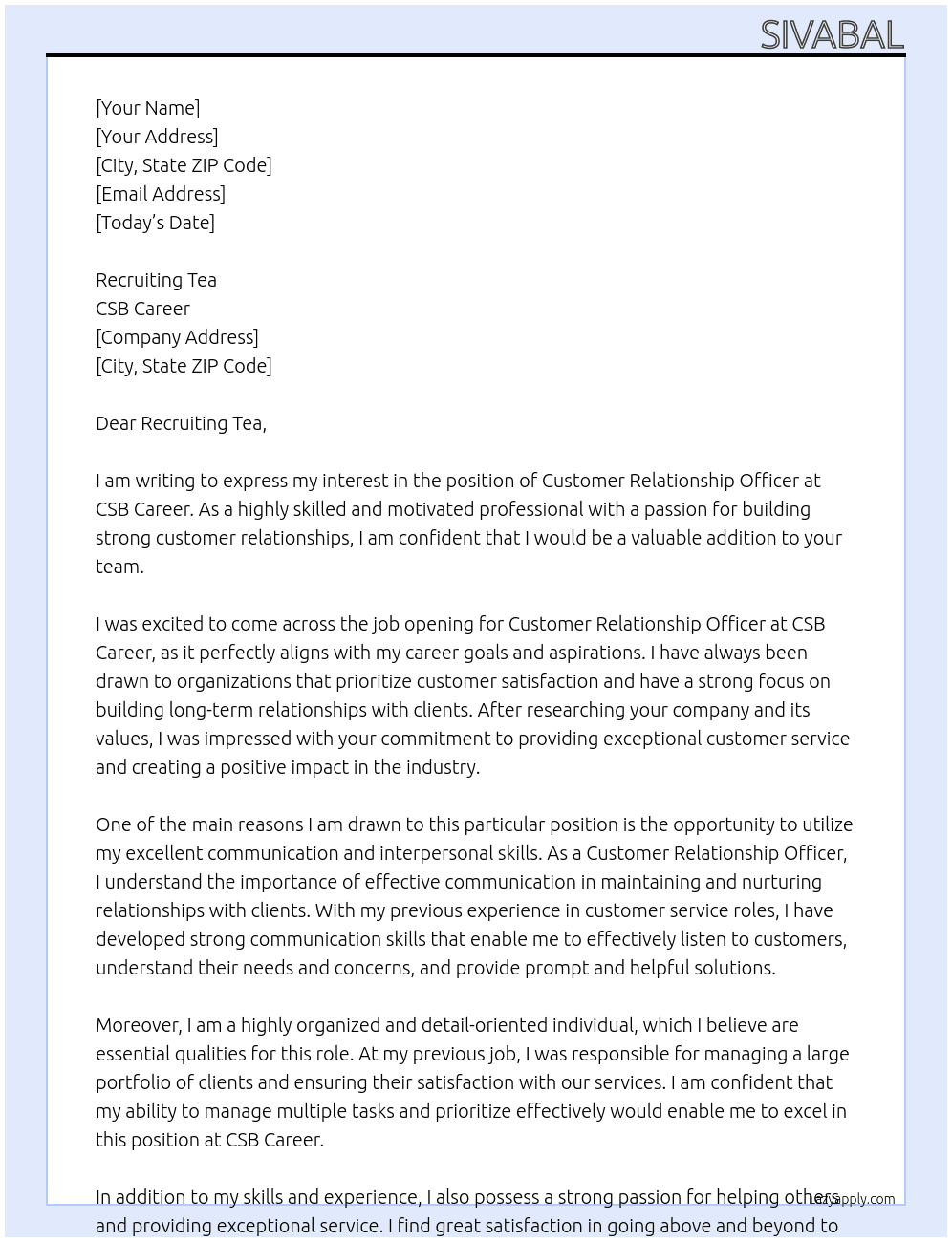Customer Relationship Officer At CSB Career Cover Letter