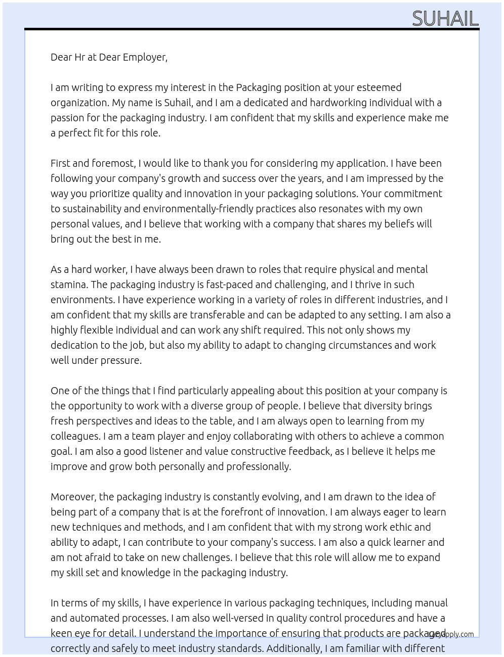 Packaging  At Dear employer  Cover Letter