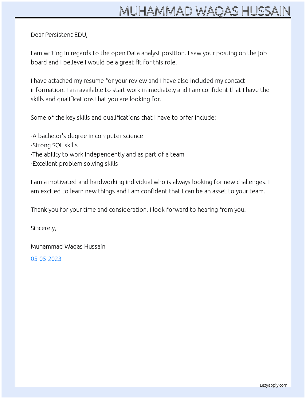 Data analyst  At Persistent EDU Cover Letter