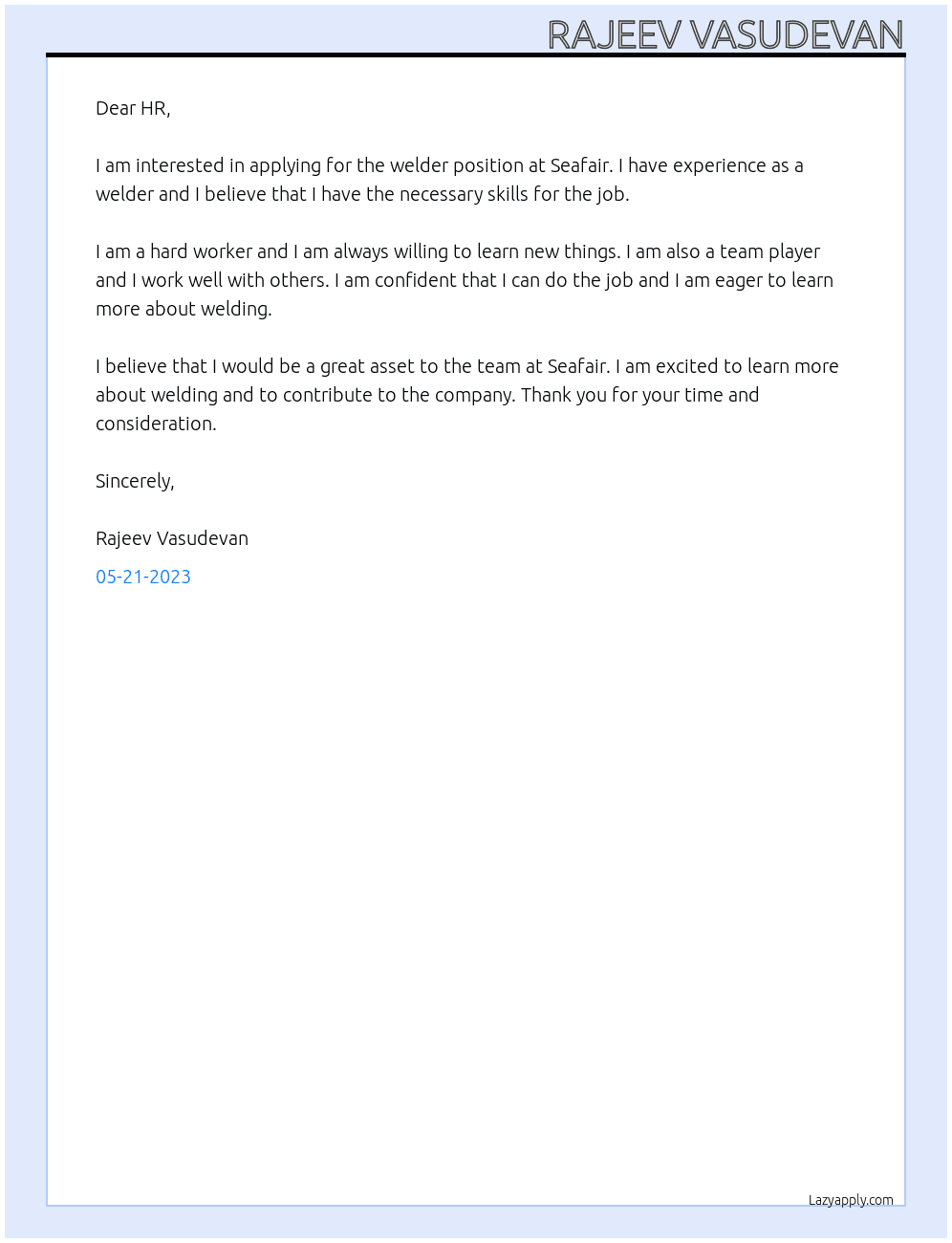 Welder At Seafair Cover Letter