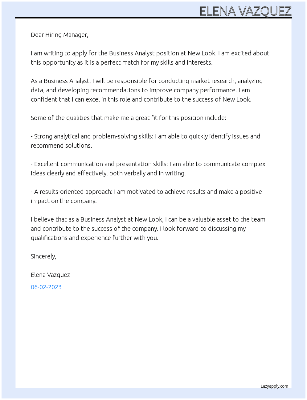 Business analyst  At New look Cover Letter