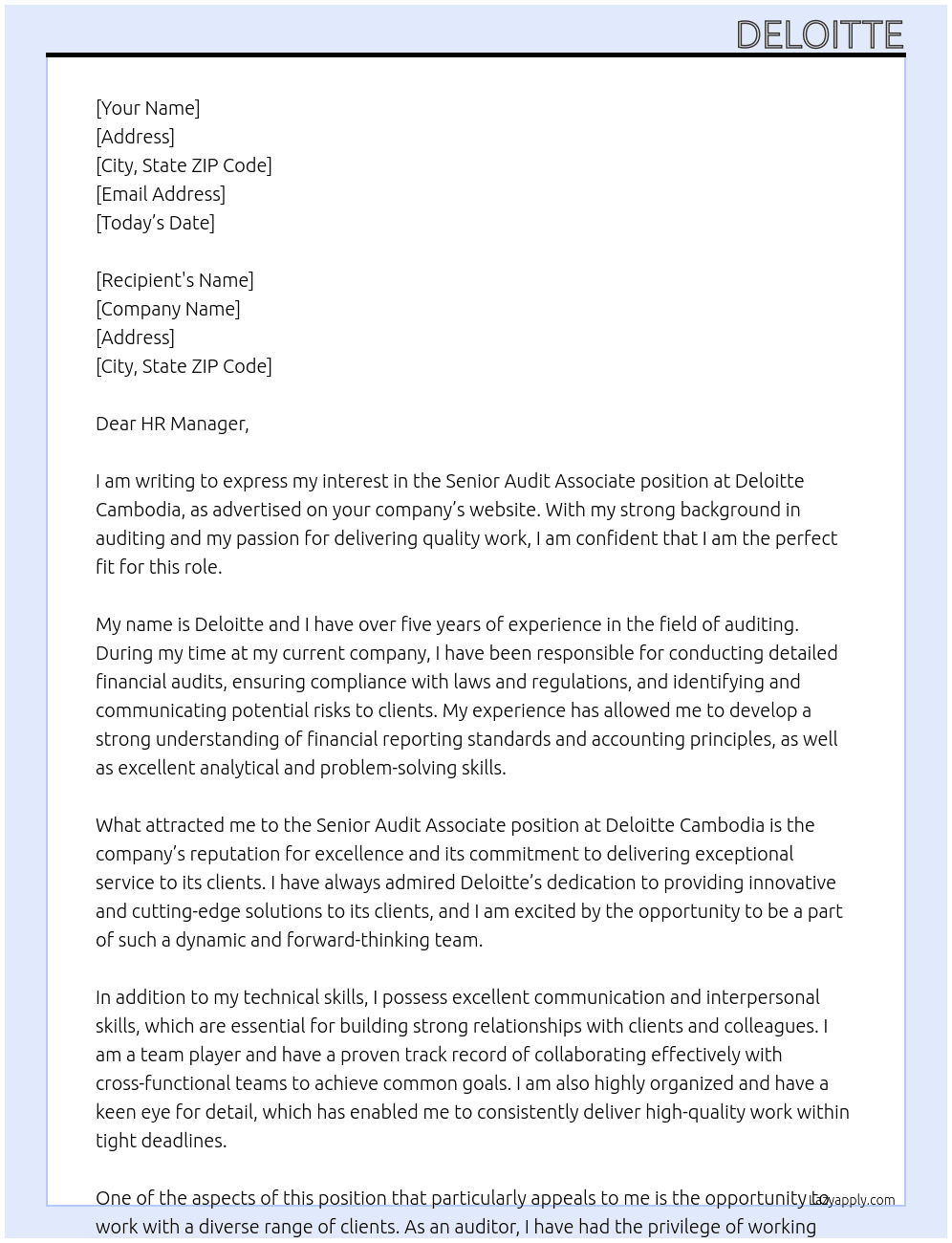 Senior Audit Associate At Deloitte Cambodia Cover Letter
