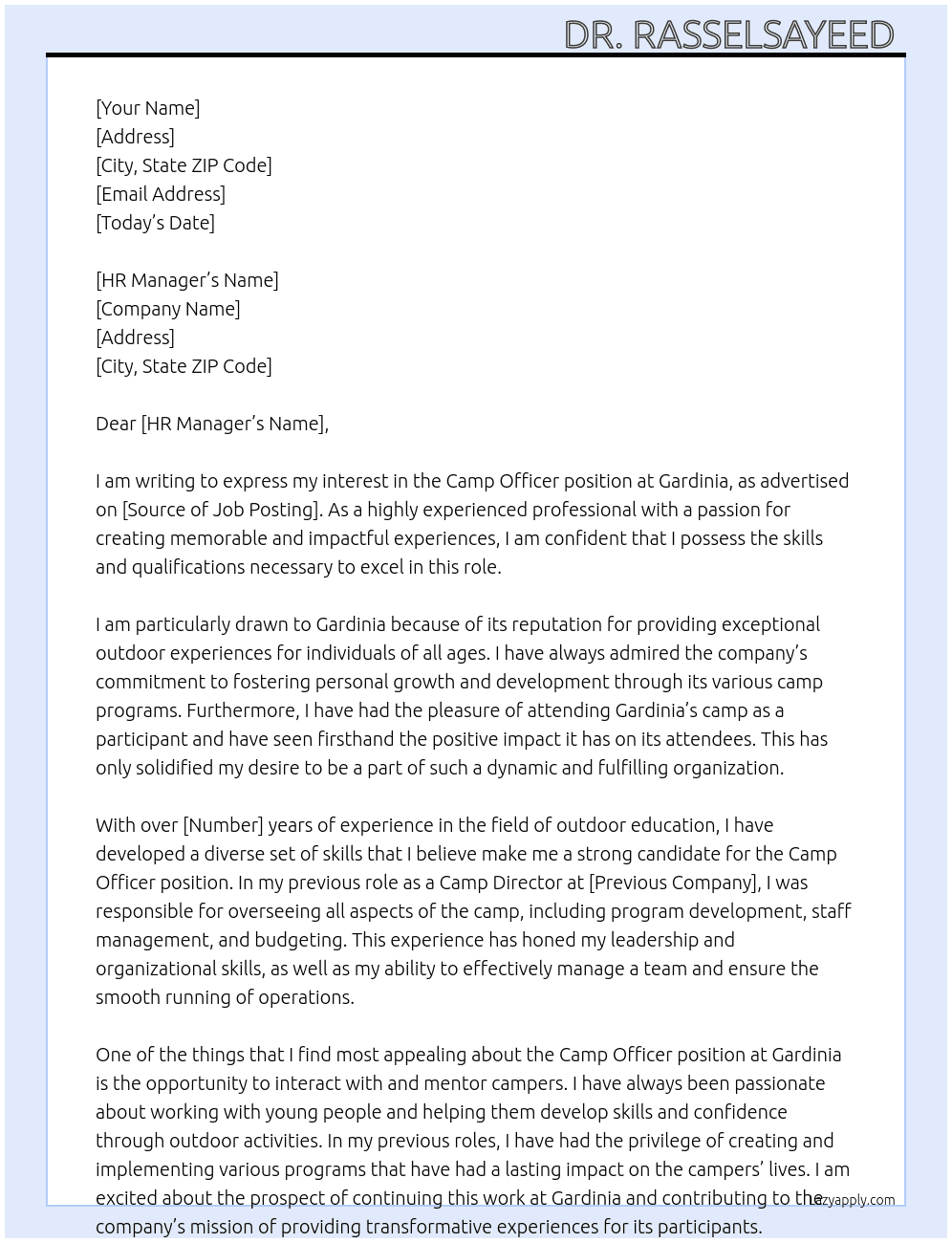 Camp officer At Gardinia Cover Letter