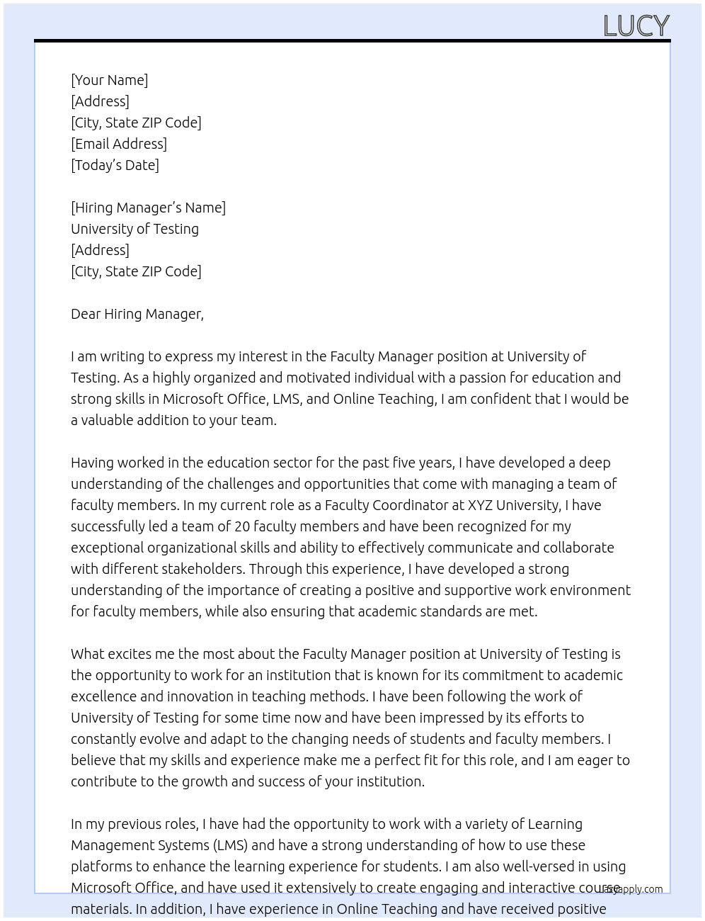 Cover letter for faculty manager - LazyApply