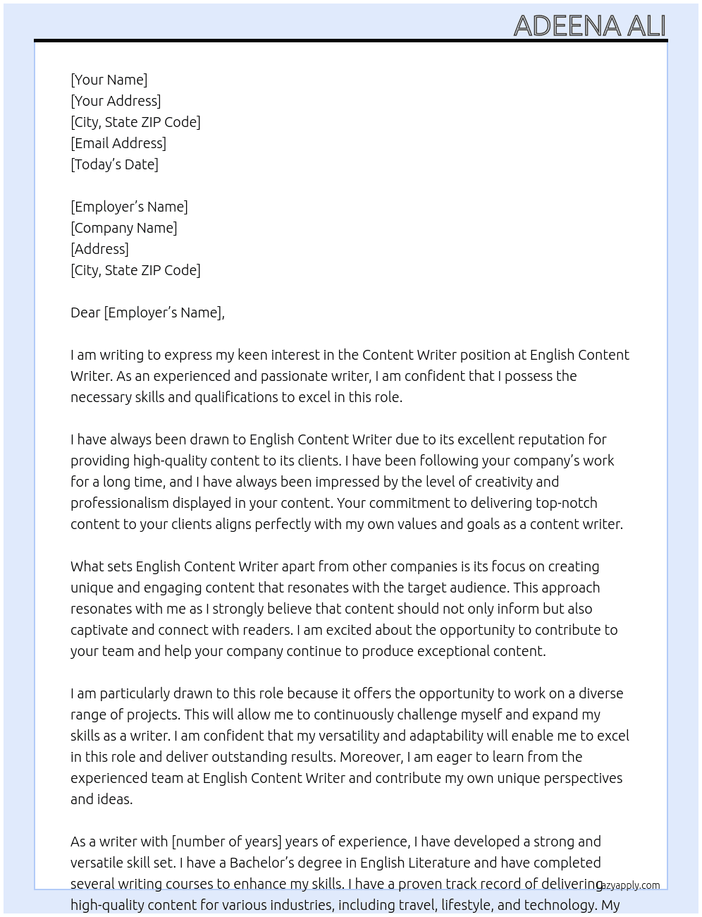 Content writer At english content writer Cover Letter