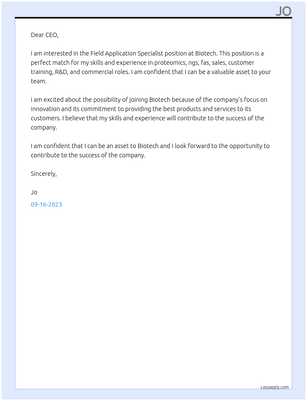 field application specialist At Biotech Cover Letter
