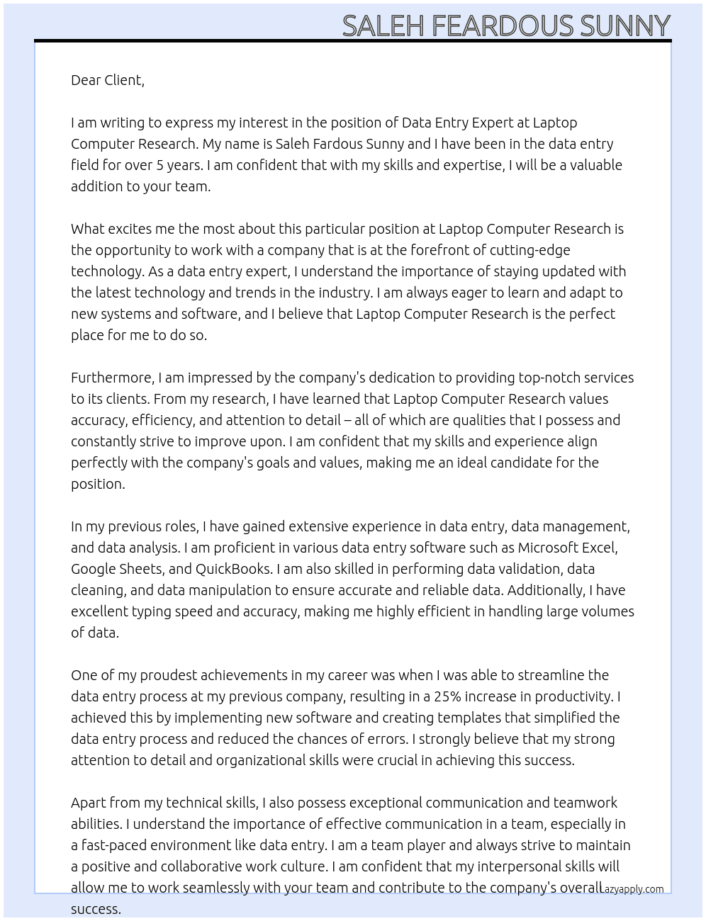 Data entry expert At Laptop Computer Research Cover Letter