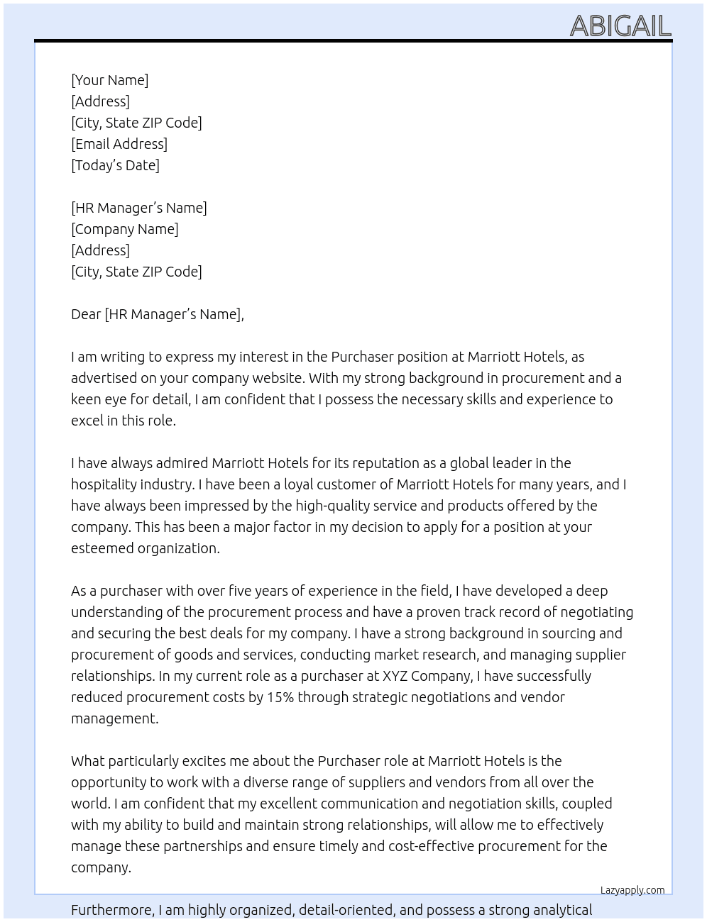 purchaser At Marriott Hotels Cover Letter