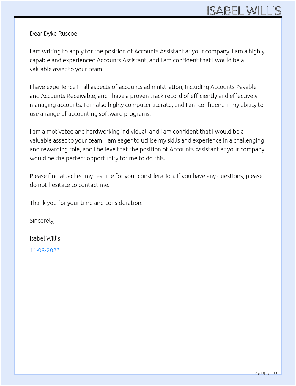 Accounts Assistant At Dyke Ruscoe Cover Letter