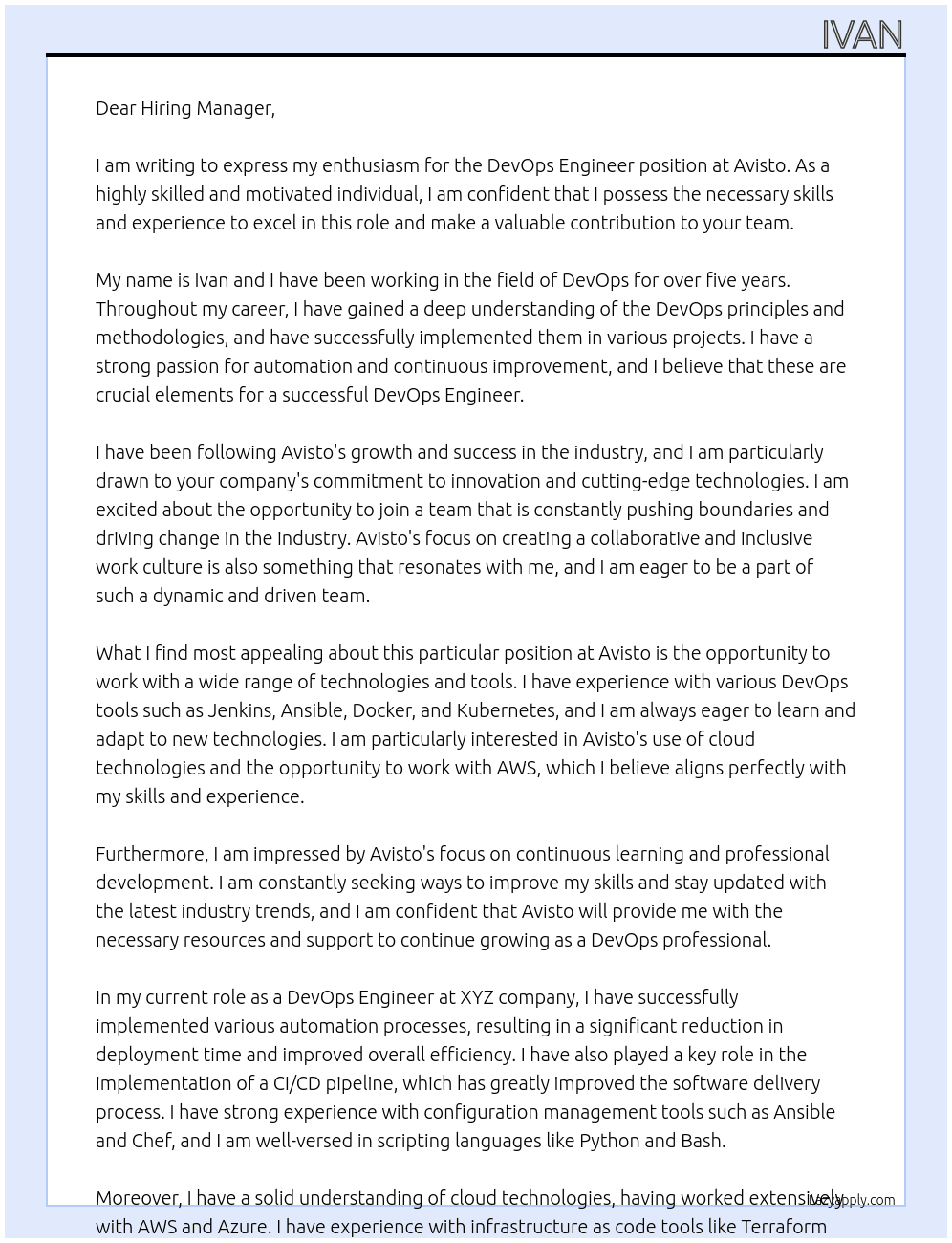 DevOps Engineer At Avisto Cover Letter