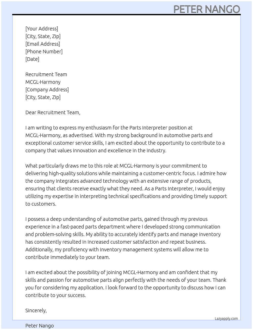 Parts Interpreter At MCGL-Harmony Cover Letter
