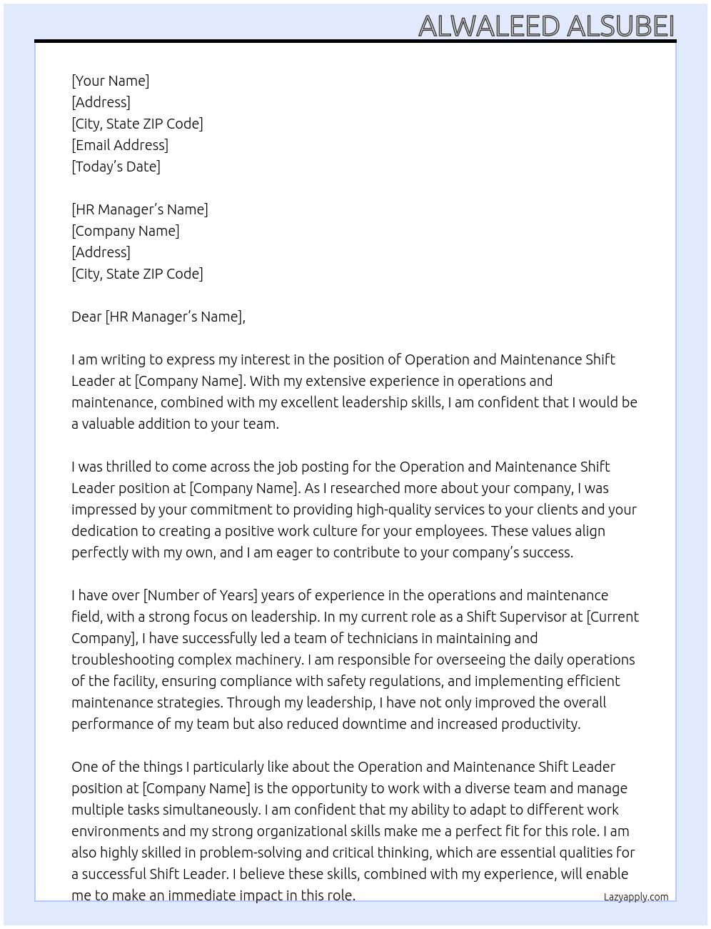 operation and maintenance shift leader At anything Cover Letter