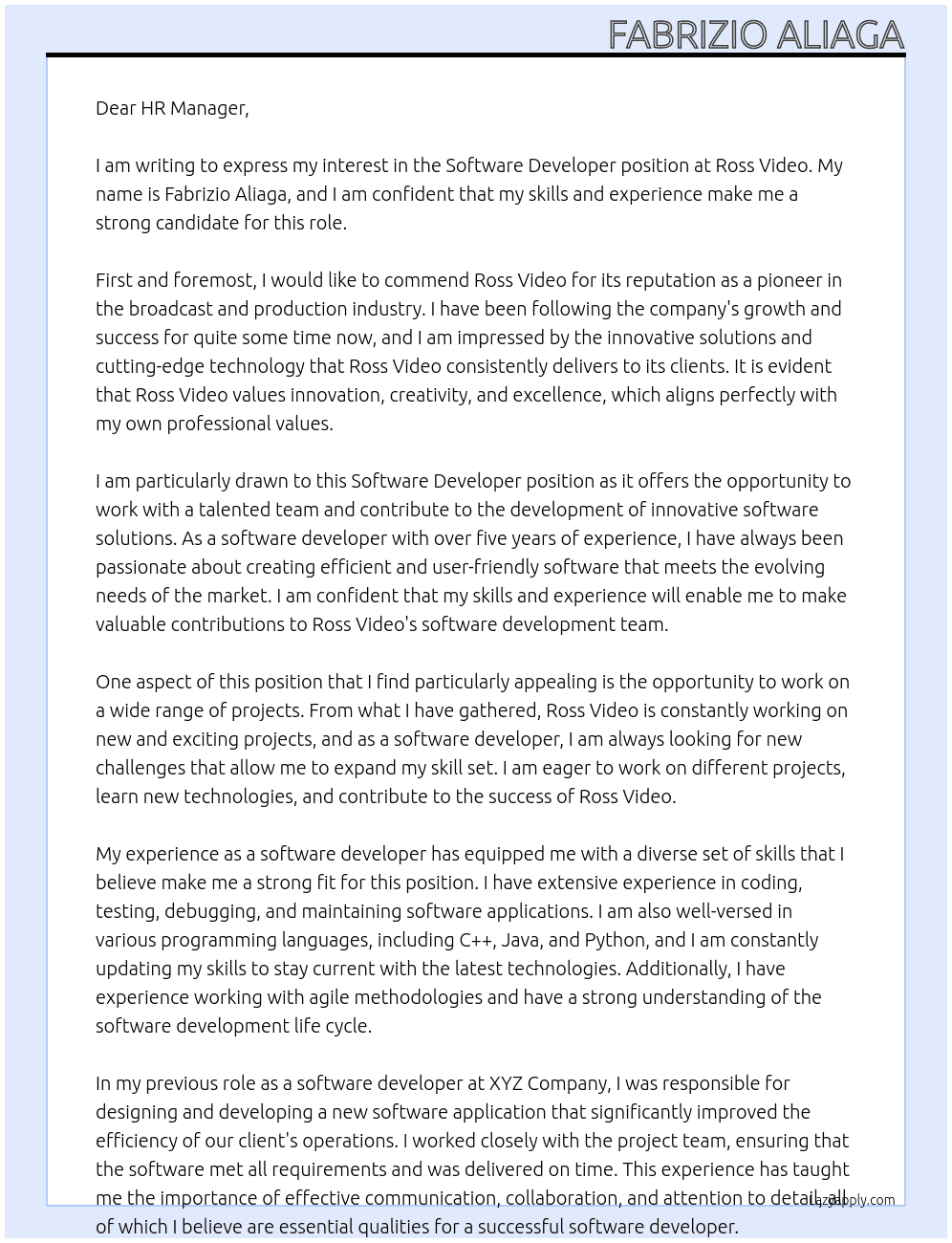 software develoepr At Ross video Cover Letter