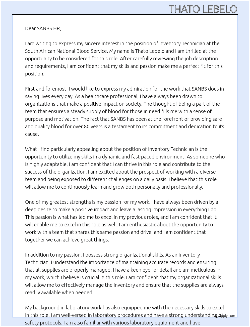 Inventory Technician At South African National Blood Service  Cover Letter