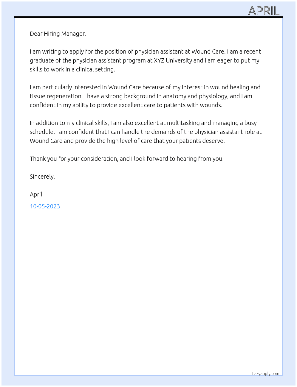 physician assistant At Wound Care Cover Letter