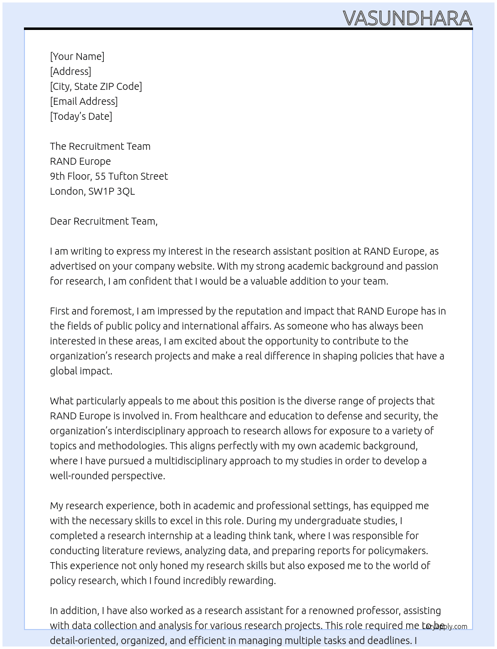 research assistant At RAND Europe Cover Letter