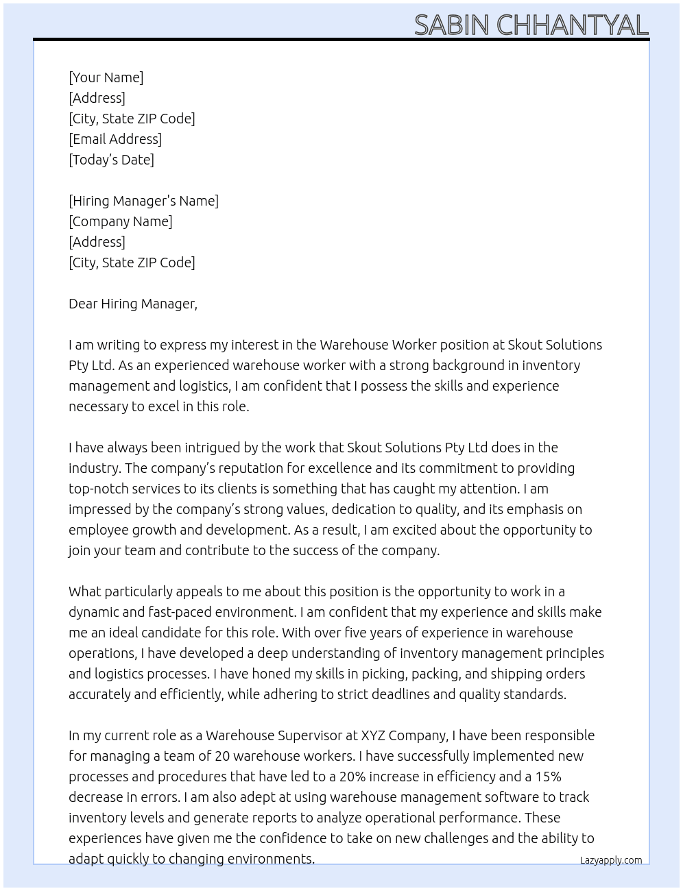 Warehouse worker At Skout Solutions Pty Ltd Cover Letter