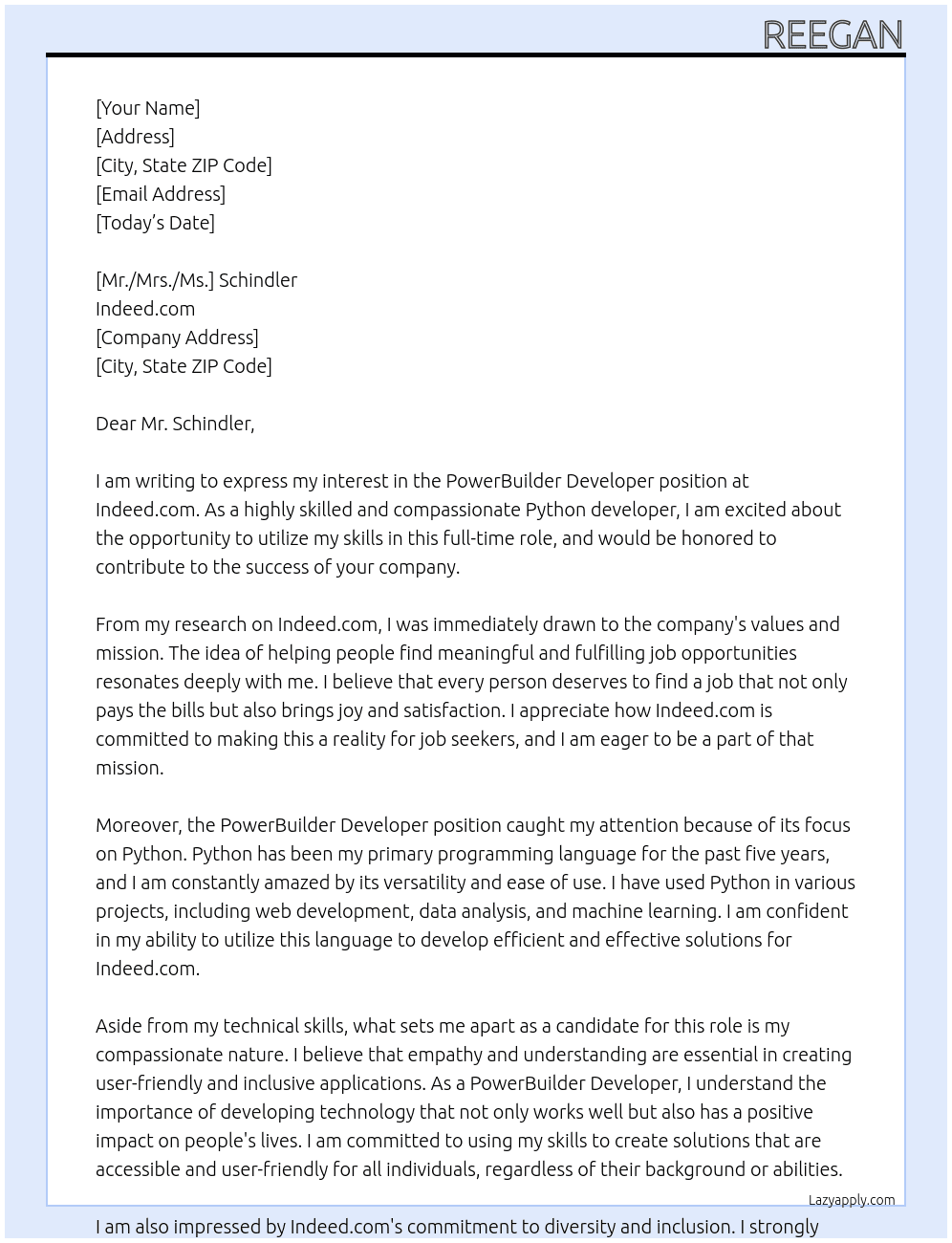PowerBuilder Developer At Indeed.com Cover Letter