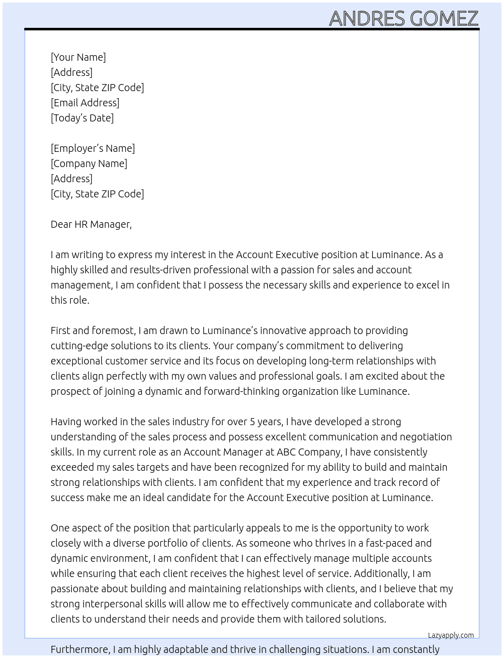 Account Executive At Luminance Cover Letter