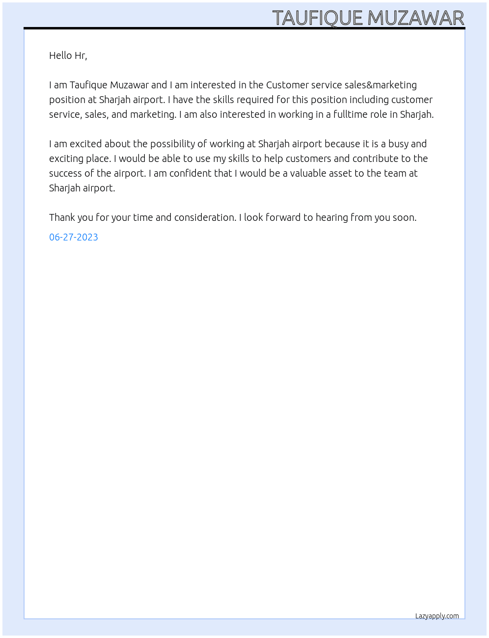 Customer service sales&marketting At Sharja airport Cover Letter