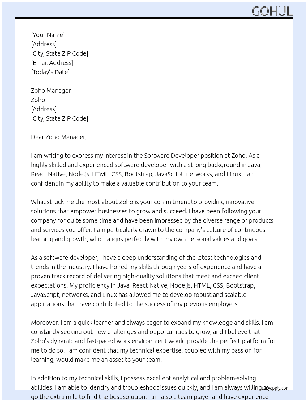 software developer  At Zoho Cover Letter