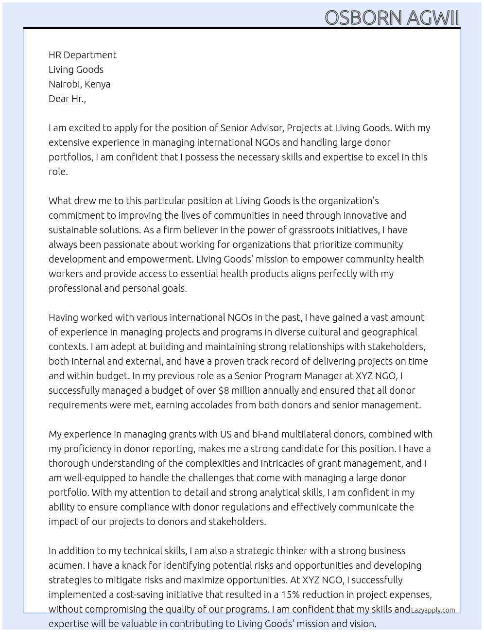 Senior Advisor, Projects At Living Goods Cover Letter