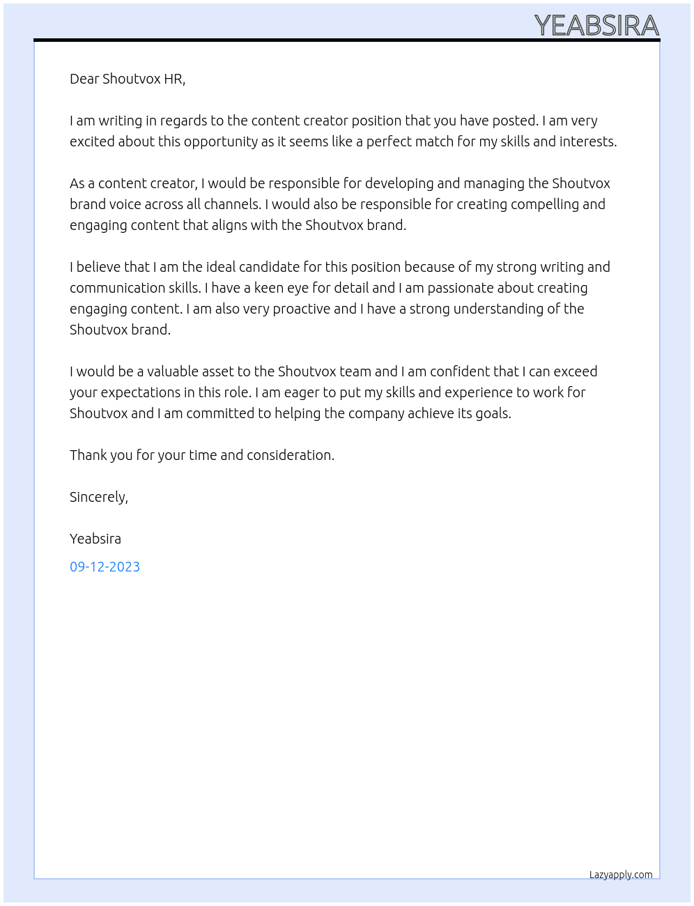 content creator  At Shoutvox Cover Letter