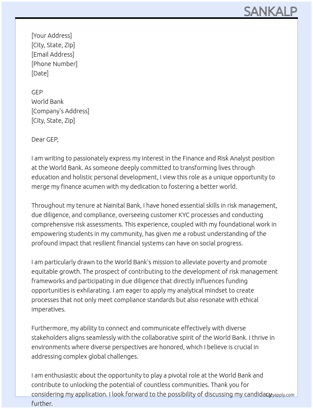 Cover letter for finance and risk analyst - LazyApply