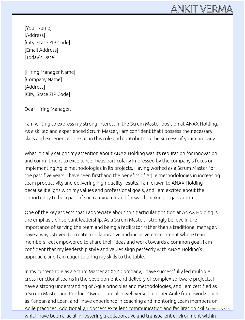 Scrum master At ANAX Holding Cover Letter