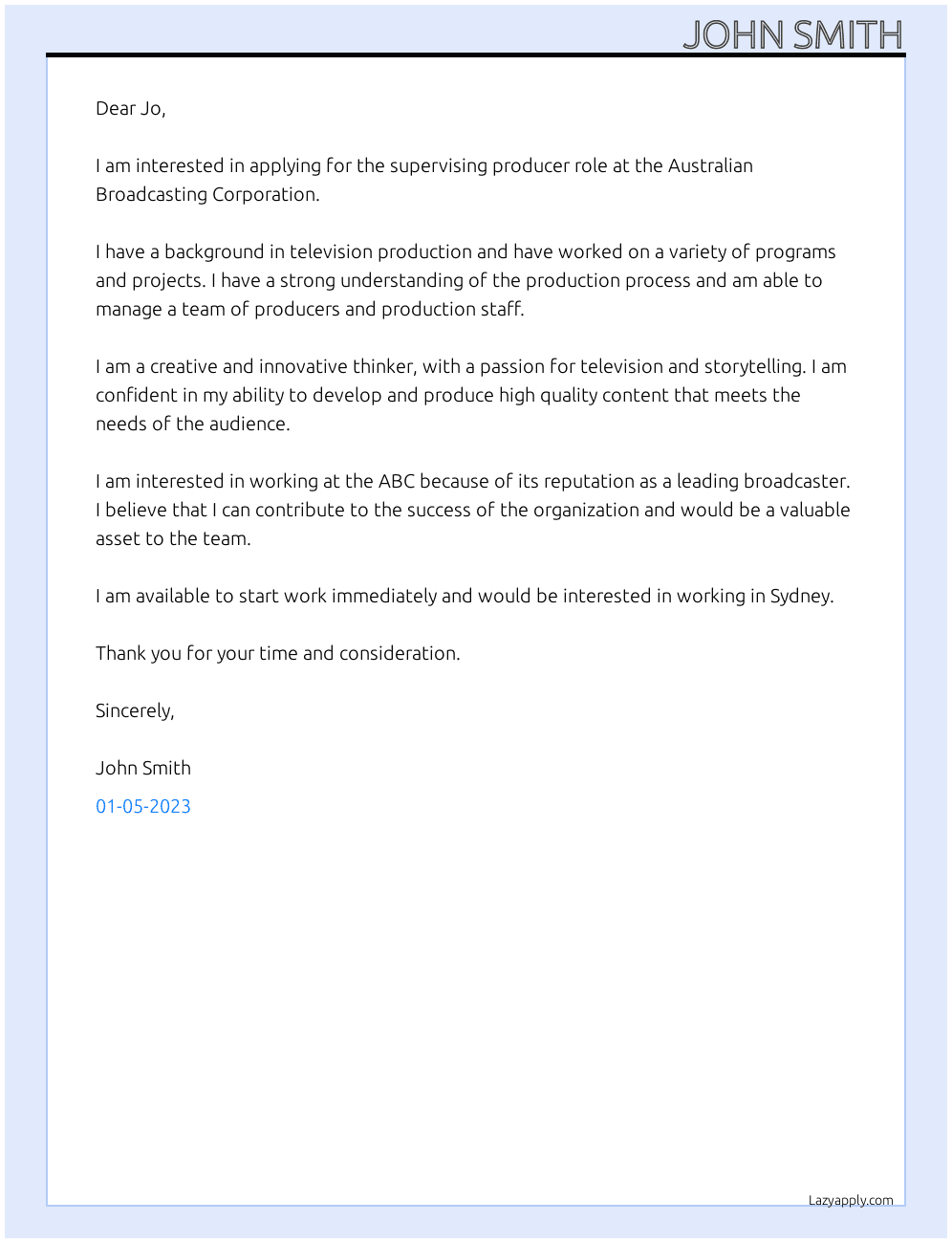 Supervising producer At Australian Broadcasting Corporation  Cover Letter