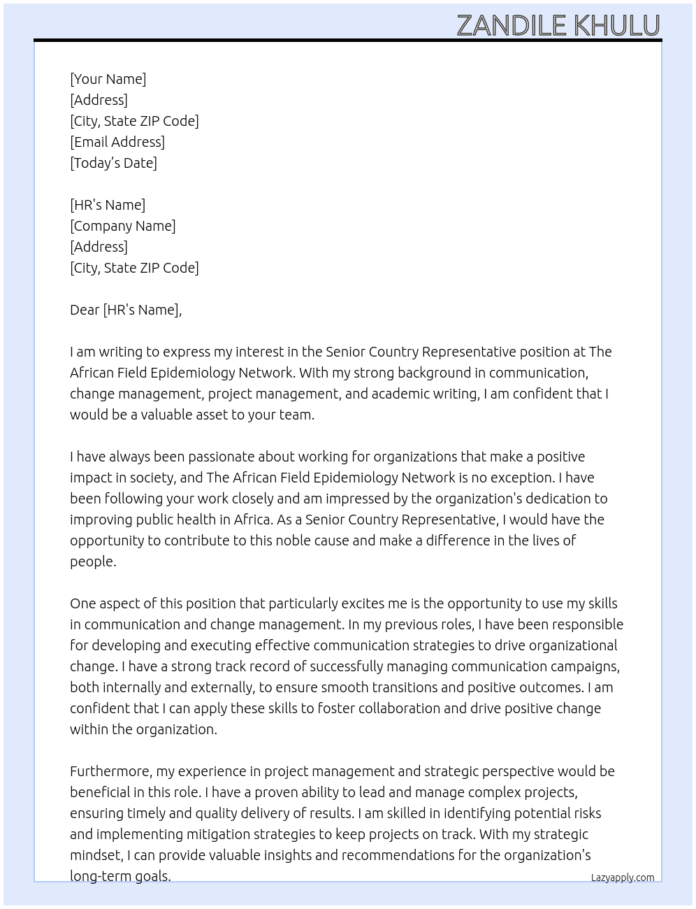 Senior Country Representative At The African Field Epidemiology Network Cover Letter