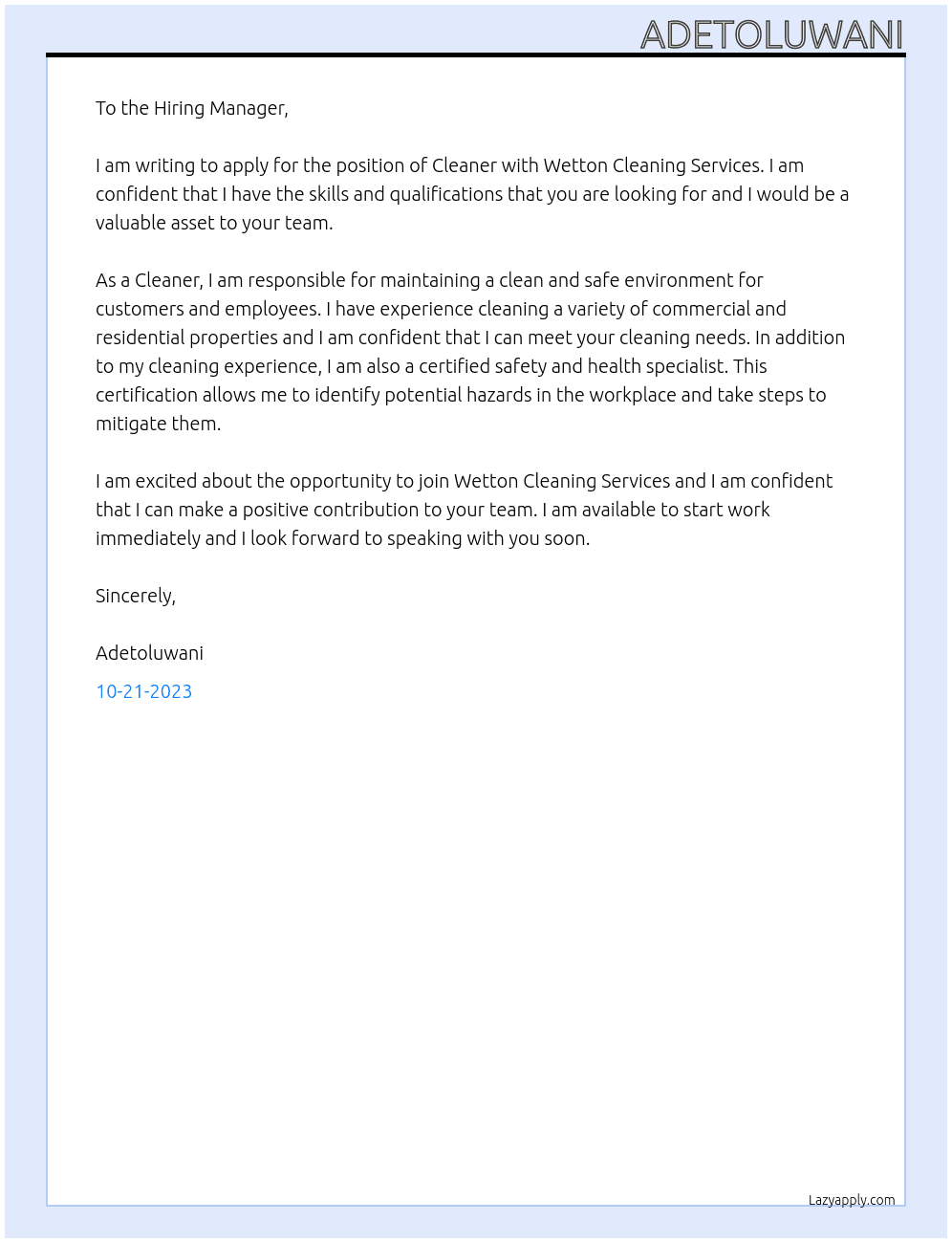 Cleaner At Wetton Cleaning services Cover Letter