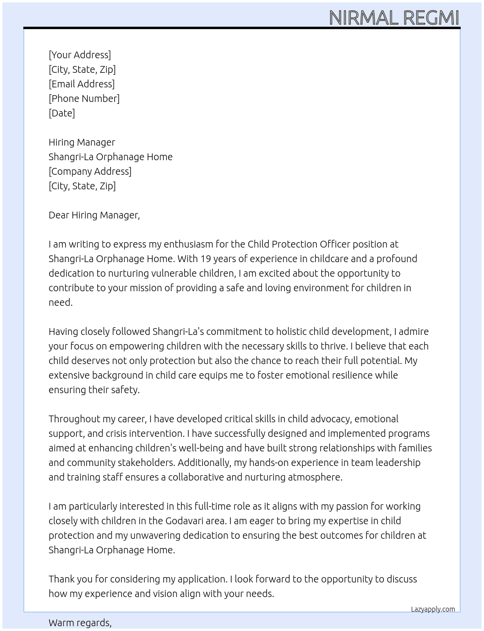 Child Protection Officer / Children Care Taker At Shangri-La Orphanage Home  Cover Letter