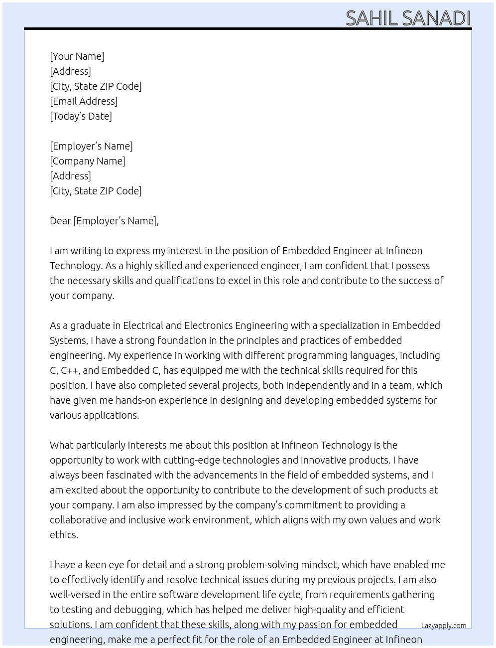 embedded engineer At infineon technology Cover Letter