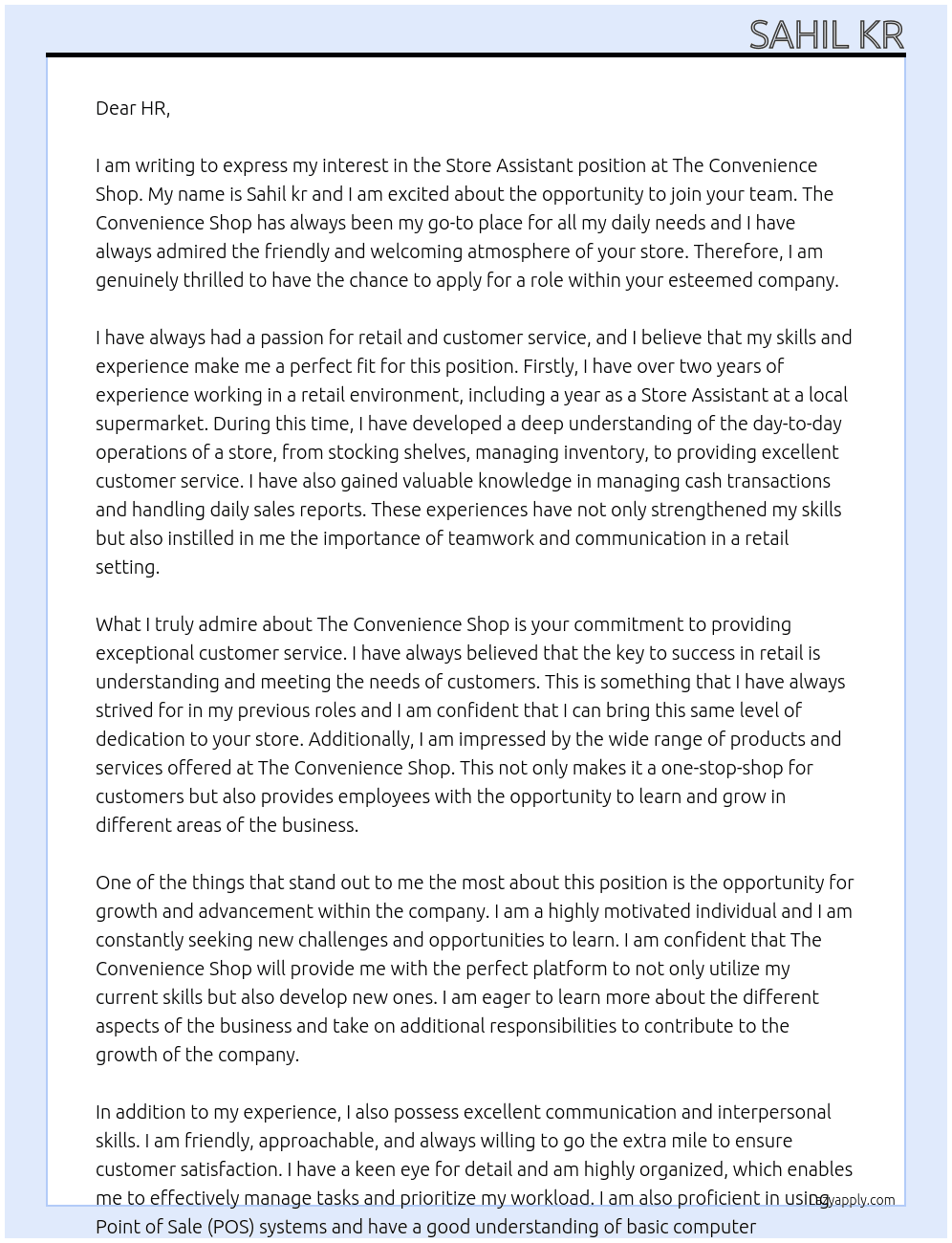 Store assistant  At The convenience shop Cover Letter